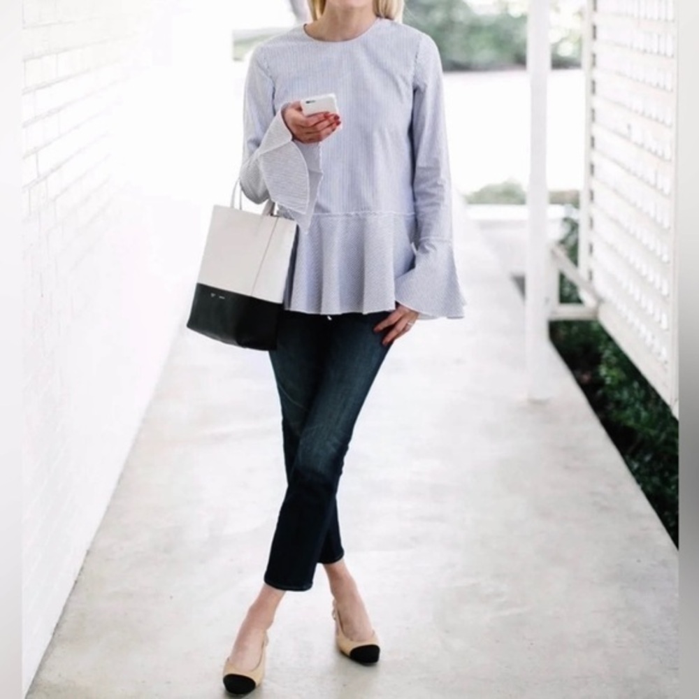 Theory Blue & White PinStripe 100% Cotton Bell Sleeve Lexanda Mason Top